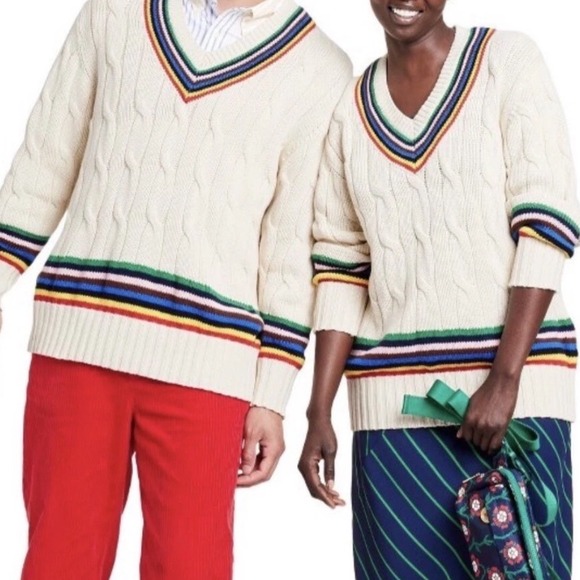 Rowing Blazers x Target Cream Cable Knit V Neck Sweater Striped Trim Size S - Picture 2 of 10